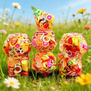 May include: A stack of six polyhedral dice, each filled with colorful fruit slices. The dice are clear with silver numbers, and the fruit includes oranges, strawberries, and kiwi. The dice are set against a backdrop of green grass and wildflowers.