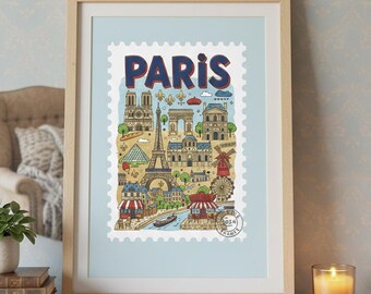 Póster de viaje a París – Decoración de pared estilo sello vintage
