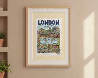 Póster turístico de Londres: ilustración mural de la ciudad.