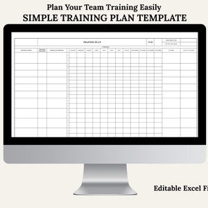 May include: A computer monitor displays a simple training plan template. The text at the top reads "Plan Your Team Training Easily" and "SIMPLE TRAINING PLAN TEMPLATE." The template is a grid with columns for months and rows for training items. An "Instant Download" badge is in the upper right.