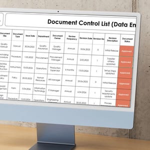 Document control revision tracker displayed on computer screen for monitoring document review dates, revisions and controlled records.