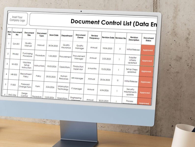 Document control revision tracker displayed on computer screen for monitoring document review dates, revisions and controlled records.