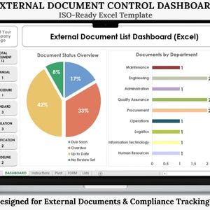 Puede incluir: Una pantalla de portátil muestra un panel de control de Excel para el control de documentos externos. El panel incluye un gráfico circular que muestra el estado del documento y un gráfico de barras que detalla los documentos por departamento.