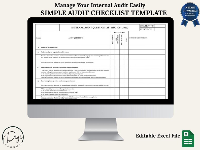 ISO 9001:2015 Audit Checklist – Internal Audit Excel Template (digital ...