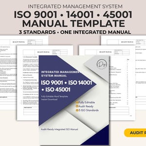 May include: An integrated management system manual template for ISO 9001, 14001, and 45001 standards. The document features a dark blue and white geometric cover design with the text Integrated Management System Manual and Audit-Ready Integrated ISO Manual.