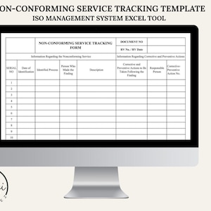 May include: A computer monitor displaying a Non-Conforming Service Tracking Form template for an ISO management system. The spreadsheet includes columns for serial number, date, process, person, description, and corrective actions for ten rows.
