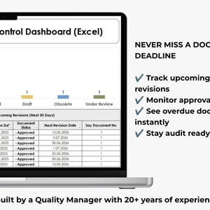 Excel Document Control Dashboard showing approved, draft, under review and obsolete document status with upcoming revision tracking.