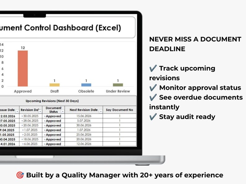 Excel Document Control Dashboard showing approved, draft, under review and obsolete document status with upcoming revision tracking.