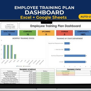 May include: A digital employee training plan dashboard displayed on a laptop screen, featuring Excel and Google Sheets compatibility. The interface includes a monthly training status bar chart, a training by staff department bar graph, and a training schedule table with status indicators for completed, upcoming, and overdue tasks.