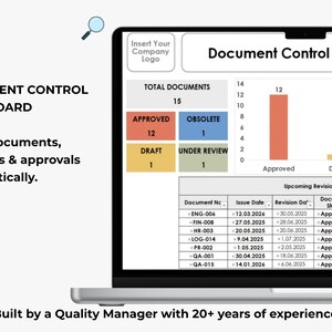 Document control Excel dashboard displayed on laptop with document status KPIs, master list of documents and revision monitoring.