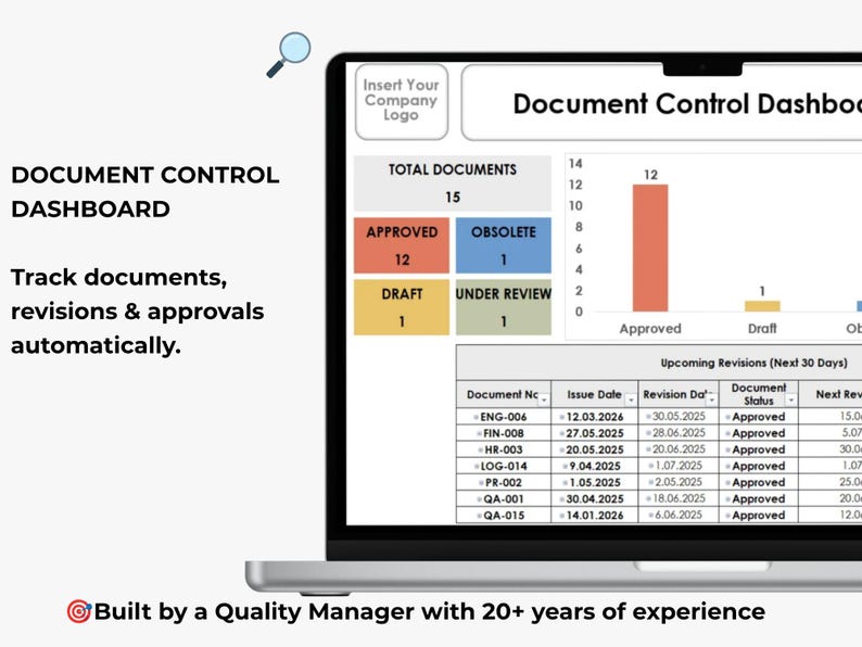 Document control Excel dashboard displayed on laptop with document status KPIs, master list of documents and revision monitoring.