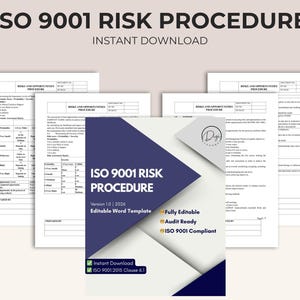Könnte beinhalten: Ein Dokument mit dem Titel „ISO 9001 RISK PROCEDURE“ mit dem Text „Sofort-Download“. Das Cover zeigt ein geometrisches Design in Marineblau und Weiß. Zusätzliche Dokumente sind im Hintergrund sichtbar. Das Dokument ist eine editierbare Word-Vorlage, auditfähig und ISO 9001-konform.