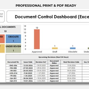 Printable Document Control Dashboard Excel report with document status charts, KPI indicators and master document list.