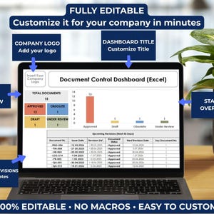 Fully editable Document Control Dashboard Excel template with document register, automatic KPI charts and customizable document tracking fields.