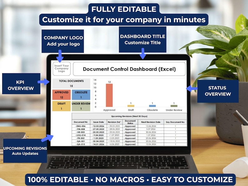 Fully editable Document Control Dashboard Excel template with document register, automatic KPI charts and customizable document tracking fields.