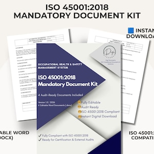 Zestaw obowiązkowych dokumentów ISO 45001 | Edytowalne szablony BHP | Gotowe do audytu | Ocena ryzyka | Natychmiastowe pobranie