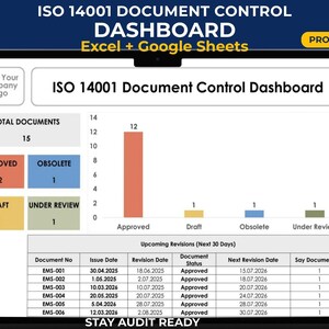 ISO 14001 dokumentkontrollpanel | Excel och Google Sheets | EMS-dokumentspårning | Revisionsklar | Mall för revisionskontroll