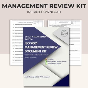 Op de afbeelding: Een digitale management review kit met een voorpagina met de tekst Quality Management System ISO 9001 Management Review Document Kit, 2 Editable Excel Templates Included, en Audit-Ready & ISO 9001 Aligned, inclusief twee documentsjablonen.