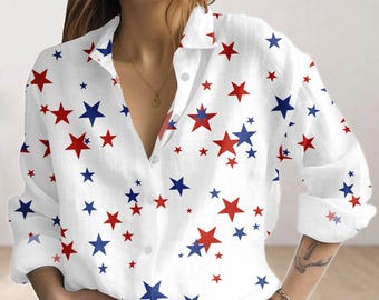 USA Women Shirt, America Flag Blouse Shirt For Women, 4th Of July Merica Casual Shirt, Red White Blue Button Up Shirt, Top Gift For Her