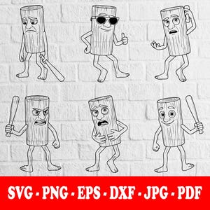 Könnte beinhalten: Schwarz-Weiß-Cartoon-Illustrationen von anthropomorphen Holzstämmen mit verschiedenen Ausdrücken und Posen. Einige Stämme halten Baseballschläger, andere tragen Sonnenbrillen oder wirken besorgt. Der Text "SVG .PNG .EPS .DXF .JPG .PDF" ist in einem roten Banner enthalten.