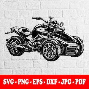 Może przedstawiać: Czarno-biała graficzna ilustracja trójkołowego motocykla ze smukłą karoserią, dwoma przednimi kołami, jednym tylnym kołem, kierownicą i siedzeniem. Na dole widoczny jest tekst SVG - PNG - EPS - DXF - JPG - PDF.