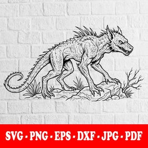 Puede incluir: Ilustración en blanco y negro de una criatura mítica con cabeza de perro, espalda espinosa y cola larga y enroscada. La criatura está sobre una roca con vegetación dispersa, contra una pared de ladrillos blancos. El texto "SVG . PNG . EPS . DXF . JPG . PDF" está en la parte inferior.