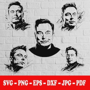 May include: Digital art in black and white showing five portraits of a man on a white brick background. The portraits are in various styles, some resembling sketches. The bottom banner reads "SVG - PNG - EPS - DXF - JPG - PDF".