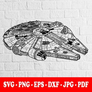 May include: Black and white line art illustration of the Millennium Falcon starship. The image shows the iconic spacecraft from a top-down perspective, with detailed mechanical elements. The image includes the file types: SVG, PNG, EPS, DXF, JPG, and PDF.