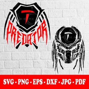 May include: Two black and red Predator designs. One features the word "PREDATOR" in red, the other is a detailed black and white illustration of the Predator's mask. The bottom banner displays file formats.