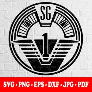May include: Black and white graphic design of a circular emblem with the letters "SG" at the top and the number "1" in the center. The emblem has a wing-like design and is surrounded by a series of lines. The bottom of the image has the text "SVG . PNG . EPS . DXF . JPG . PDF".