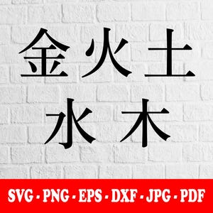 May include: A digital graphic design featuring five black Chinese characters representing the elements: metal, fire, earth, water, and wood. Below the characters, a red horizontal bar displays the white text: SVG - PNG - EPS - DXF - JPG - PDF.