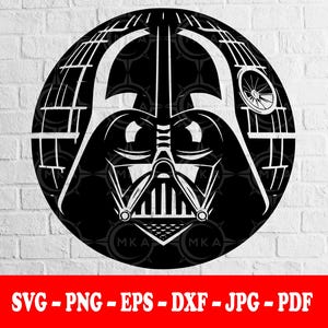 May include: Black and white graphic of Darth Vader's helmet within a circular frame. The design features intricate details of the helmet's mask and surrounding elements. The bottom of the image includes the text "SVG - PNG - EPS - DXF - JPG - PDF".
