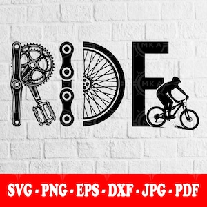 Op de afbeelding: Zwart-wit grafisch ontwerp met het woord "RIDE". De letter "R" wordt gevormd door een fietscrankstel, de "I" door een ketting, de "D" door een fietswiel en de "E" door een fietser op een fiets.
