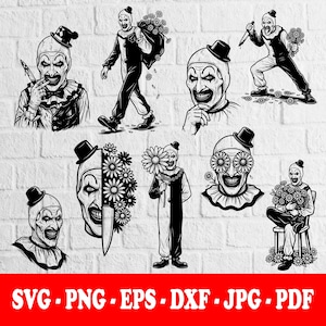 May include: Black and white illustrations of a scary clown with a top hat, various poses, and props like a knife and flowers. The clown is depicted in different stances, some holding flowers, others with a menacing expression.