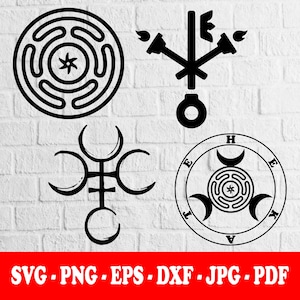 May include: Black line art of four mystical symbols. The symbols include a circular labyrinth design with a star, a key with flames, a cross with crescent moons, and a circular design with moons and text. The bottom of the image has the text "SVG.PNG.EPS.DXF.JPG.PDF".