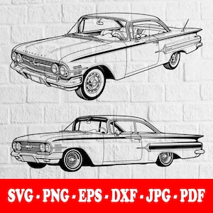 May include: Two black and white line drawings of classic vintage cars. The top car is seen from above, the bottom car at eye level. The image includes the text "SVG . PNG . EPS . DXF . JPG . PDF" in a red banner.