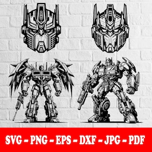 May include: Black and white illustrations of Transformers characters. The image includes two robot heads and two full-body figures, all in a detailed, mechanical style. The bottom of the image has the text "SVG - PNG - EPS - DXF - JPG - PDF" in white on a red background.