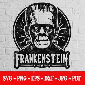 May include: A black and white graphic of Frankenstein's monster. The monster's face is centered, with the word "Frankenstein" below. The image is surrounded by a black circle and set against a white brick wall.