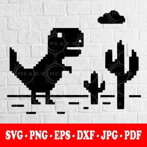 May include: Black pixelated dinosaur graphic with cacti and cloud on a white brick background. The image includes the text "SVG . PNG . EPS . DXF . JPG . PDF" in a red banner at the bottom.