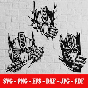 May include: Black and white graphic of three Optimus Prime robot heads breaking through a wall. The heads are detailed with mechanical features and hands. The bottom of the image has the text: SVG - PNG - EPS - DXF - JPG - PDF.
