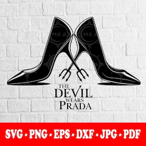 May include: A graphic design featuring two black high-heeled shoes with a trident between them, and the text "THE DEVIL WEARS PRADA". The design is likely for clothing or accessories.