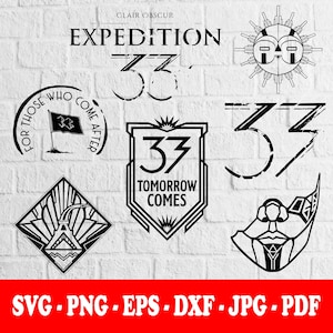 Könnte beinhalten: Eine Sammlung von schwarz-weißen Grafikdesigns mit dem Text "EXPEDITION 33" und anderen verwandten Elementen. Enthält eine Flagge, ein sonnenähnliches Design und geometrische Formen. Der untere Teil des Bildes enthält den Text "SVG.PNG.EPS.DXF.JPG.PDF".