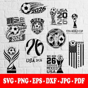 May include: A collection of black and white graphic designs featuring soccer balls, the FIFA World Cup 2026 trophy, and text including USA, Canada, Mexico, and 2026. The designs incorporate elements like flags, shields, and stylized typography.