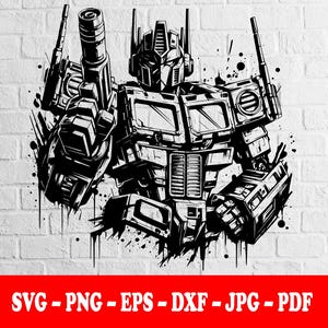 May include: Black and white illustration of a robot character with a gun, against a white brick wall. The robot is detailed with mechanical features and ink splatter effects. The bottom of the image has text: SVG - PNG - EPS - DXF - JPG - PDF.