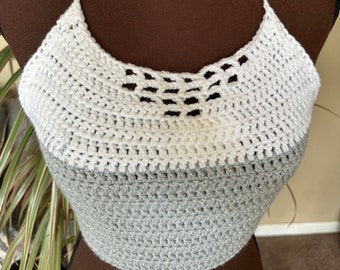 Crochet Boho Halter Top / Gray and White / Size Large Handmade
