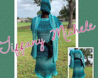 Teal Crochet Sweater Dress / Fall / Handmade / Comes with Scarf, Cap & Bet / Large