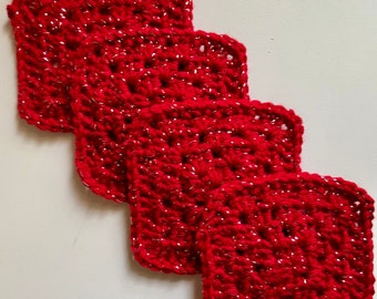 Valentine’s Red Sparkle Coasters Granny Square / Set of 4 / Handmade / Crochet