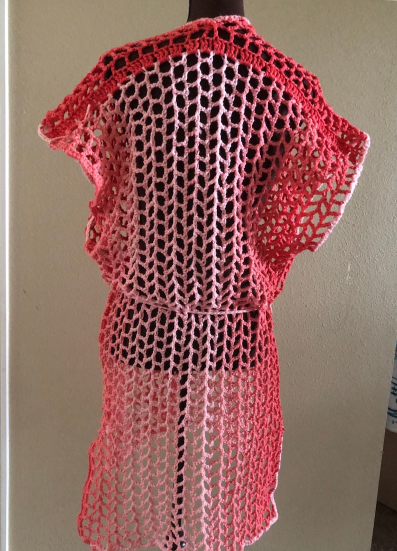 Peach Coral Net Tunic Top Beach Swim Pool Suit Cover Up Summer Crochet Handmade