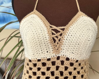 Crochet Halter Top Crochet Bralette / Beige & Off White / Handmade