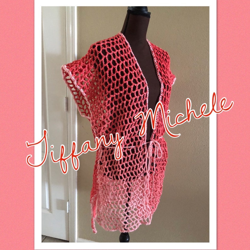 Peach Coral Net Tunic Top Beach Swim Pool Suit Cover Up Summer Crochet Handmade